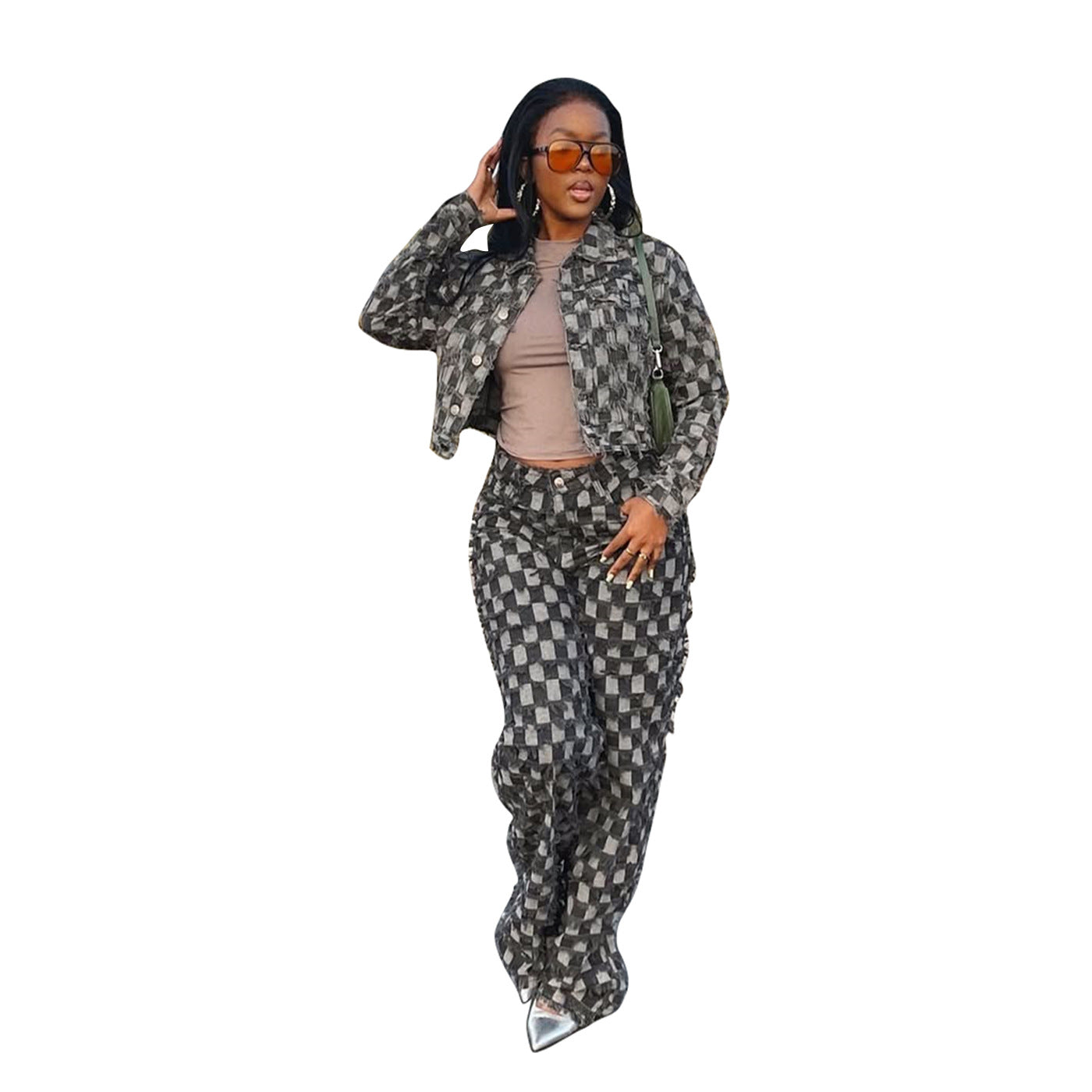 Casual Jacquard Plaid Washed Denim Suit