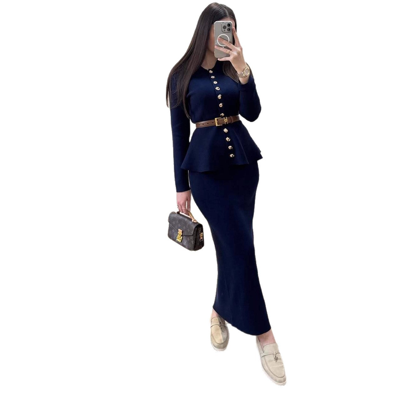 New Button-pleated Ribbed-button Fishtail Bodycon Coat With A Cinched Waist