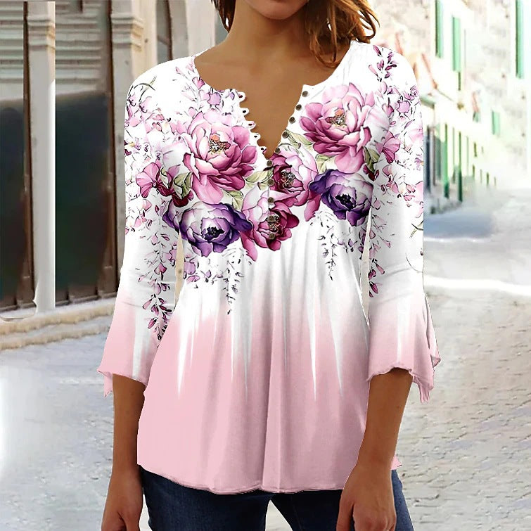 Bluse til kvinder med blomstret print, 3/4 ærmer, V-hals og knapper