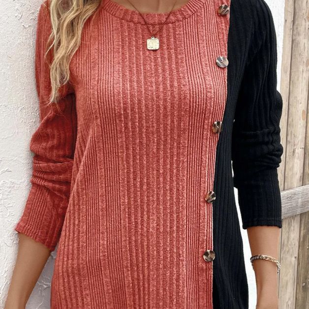 Solid Color Round Neck Sunken Stripe Brushed Slit Contrast Color Fashion Buttons