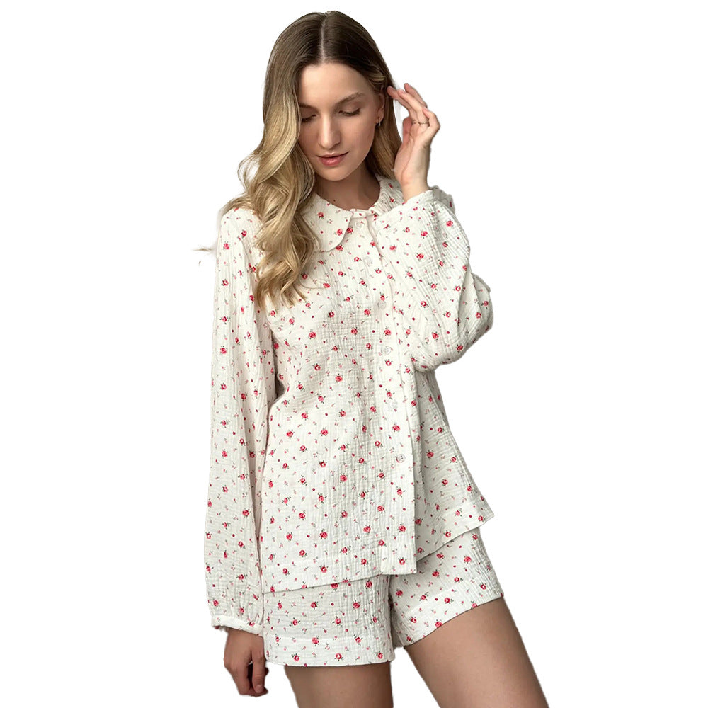 Womens Cotton Printed Long-Sleeve Top And Shorts Set