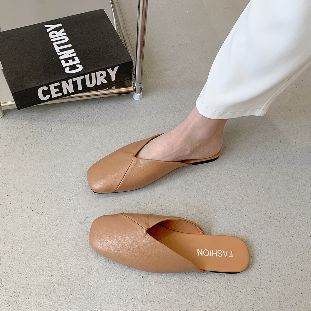 Square Toe Cap Half Slippers Women's Flat Plus Size Sandals