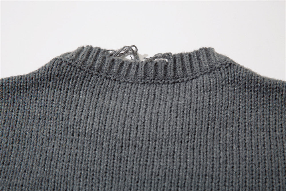 European And American Lazy Crocheted Ripped Round Neck Sweater Sweater