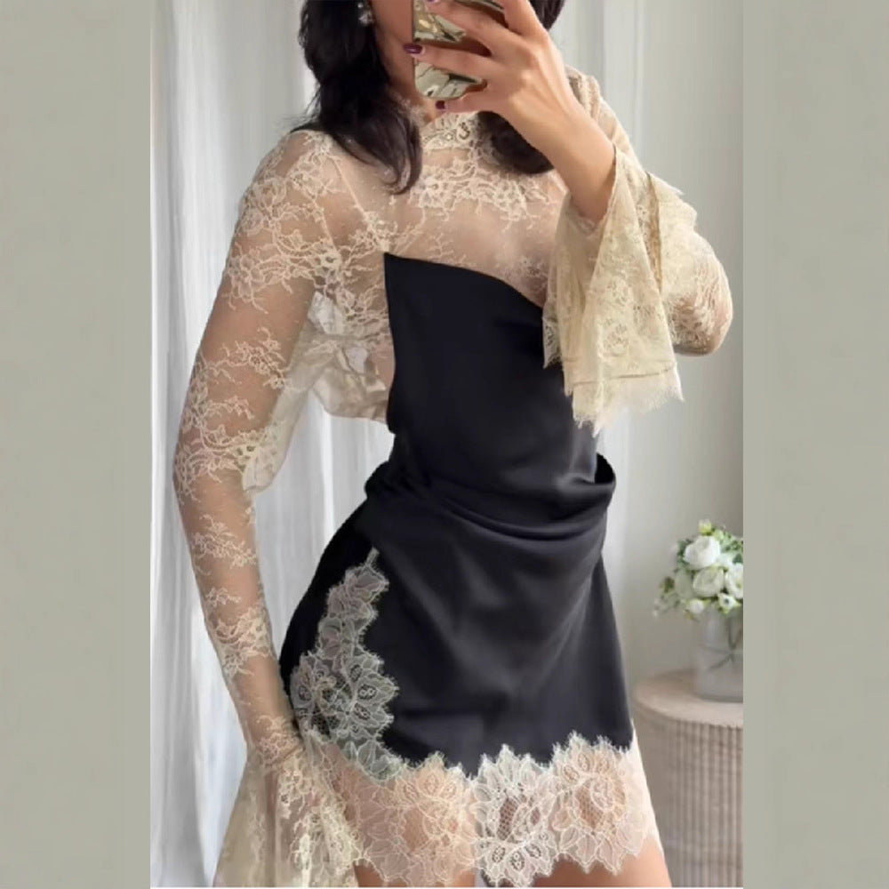 Sexy Long-Sleeve Lace-Patchwork Satin Mini Dress