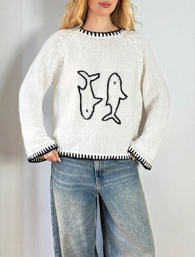 Color-block Crew-neck Retro Embroidered Loose-fitting Pullover Sweater
