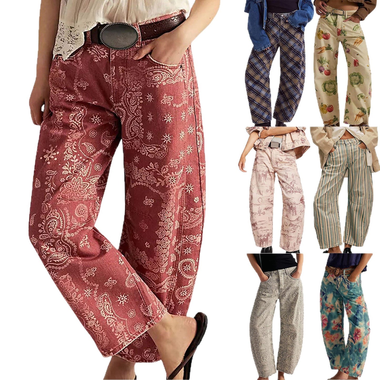 Womens Relaxed-fit Floral Cropped Wide-leg Mid-rise Jeans