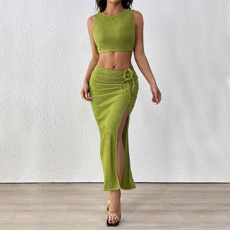 Womens Solid-Color Tank Top And Skirt Two-Piece Set