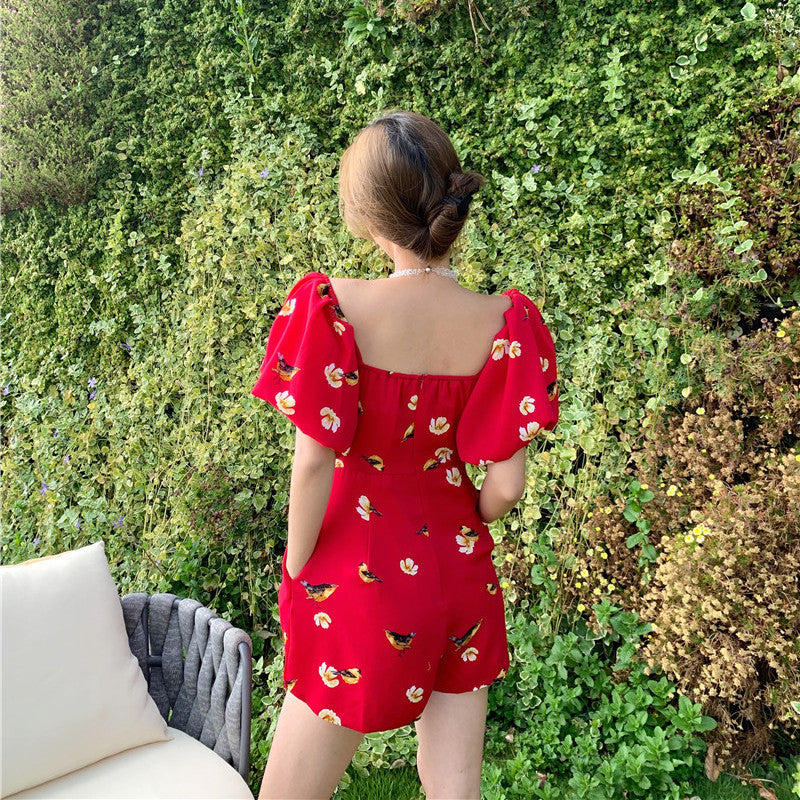 Women's Vintage Print Thin Square Neck Shorts