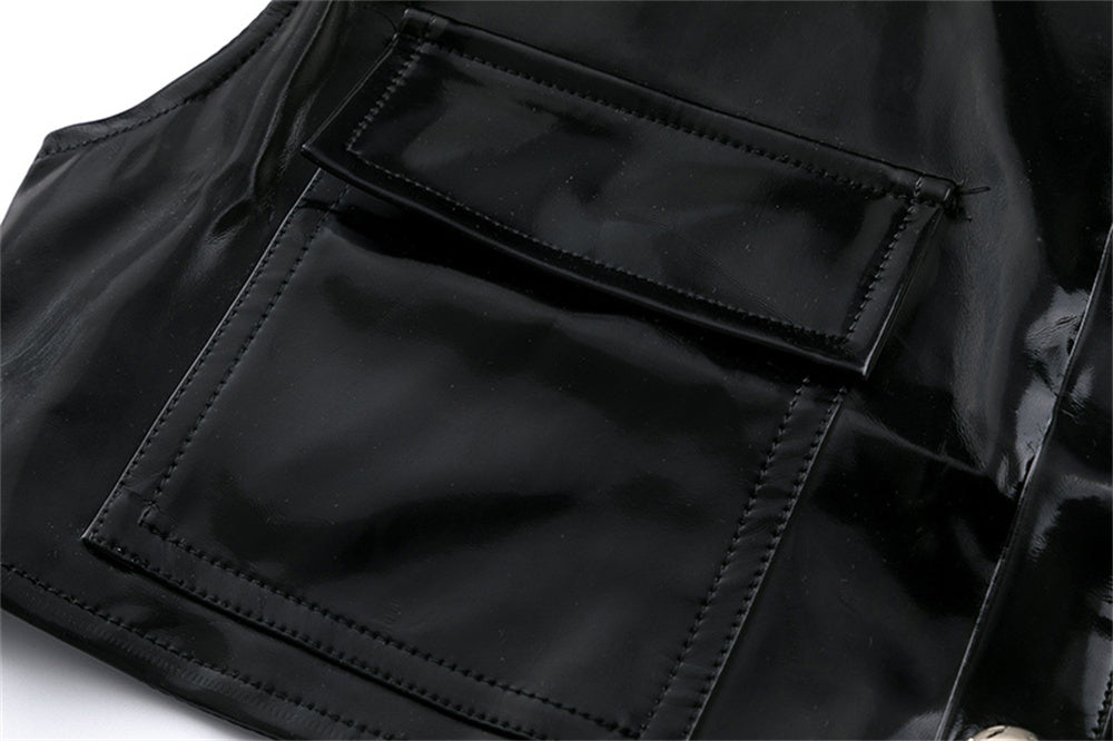 UP Leather Coat Padded Shoulder Glossy Half-length Vest Men's Lapel Metal Buckle Cardigan Vest Jacket Short