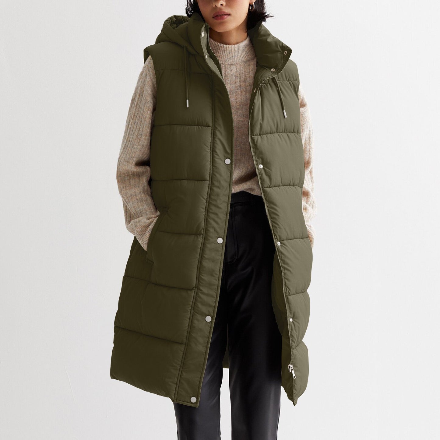 Solid Color Mid-length Vest Hooded Top Women's Single-breasted Coat