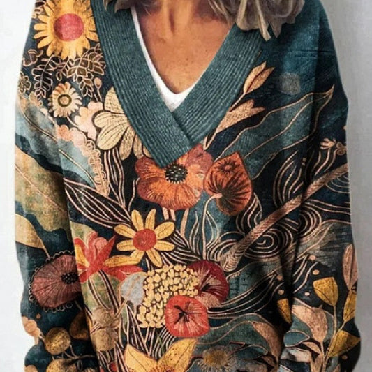 Langærmet pullover til kvinder med 3D digitalt blomsterprint