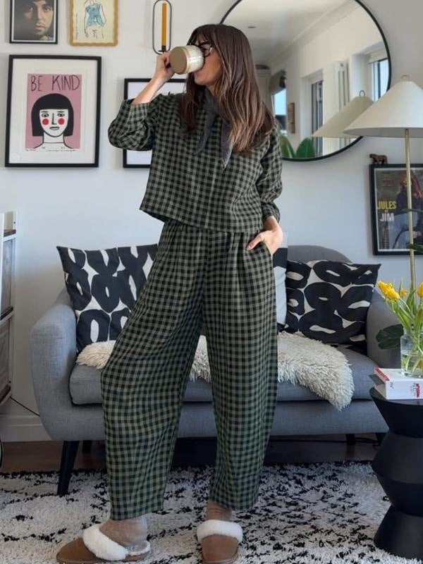 Loose And Breathable Grid Long-sleeve Vest And Pants Set