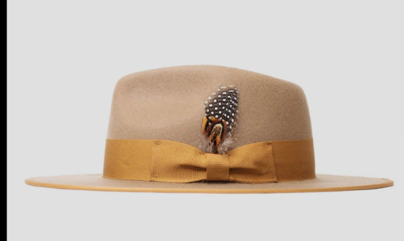 Versatile Jazz Hat Flat Top Woolen Feather French
