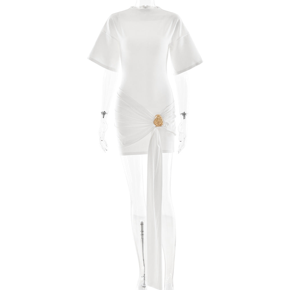 Fitted Half-sleeve Dress With A Tie Ruffles And A Cinched Waist