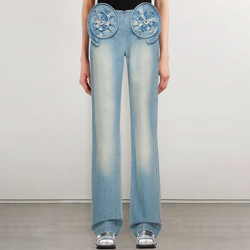 Design Stitching Three-dimensional Decoration Narrow High Waist Wide-leg Straight Pants