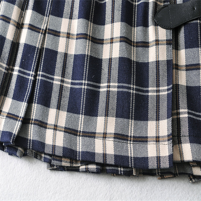 Retro Plaid Pleated Skirt Belt Buckle Learning Skirt