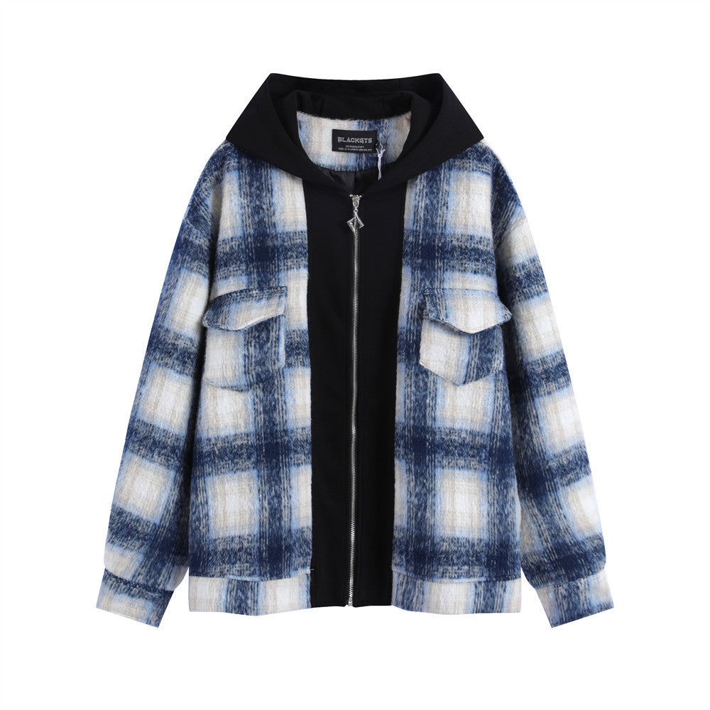 Men's Patchwork Color-contrast Check Hooded Zipper Jacket Casual Jacket