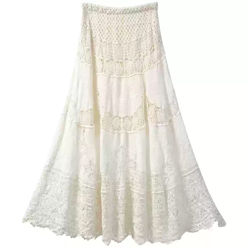 Womens Lace Retro French Crochet Hollow-Out Knit A-Line Skirt