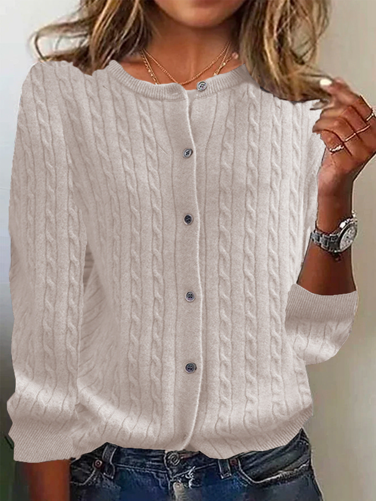 Womens Andi Fleece Crew-Neck Knitted Linen-Flower Cardigan Sweater
