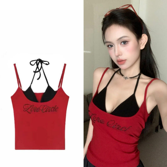 Spicy Chic Rhinestone-Embellished Camisole Tank Top Pure & Alluring Slim-Fit Short Top