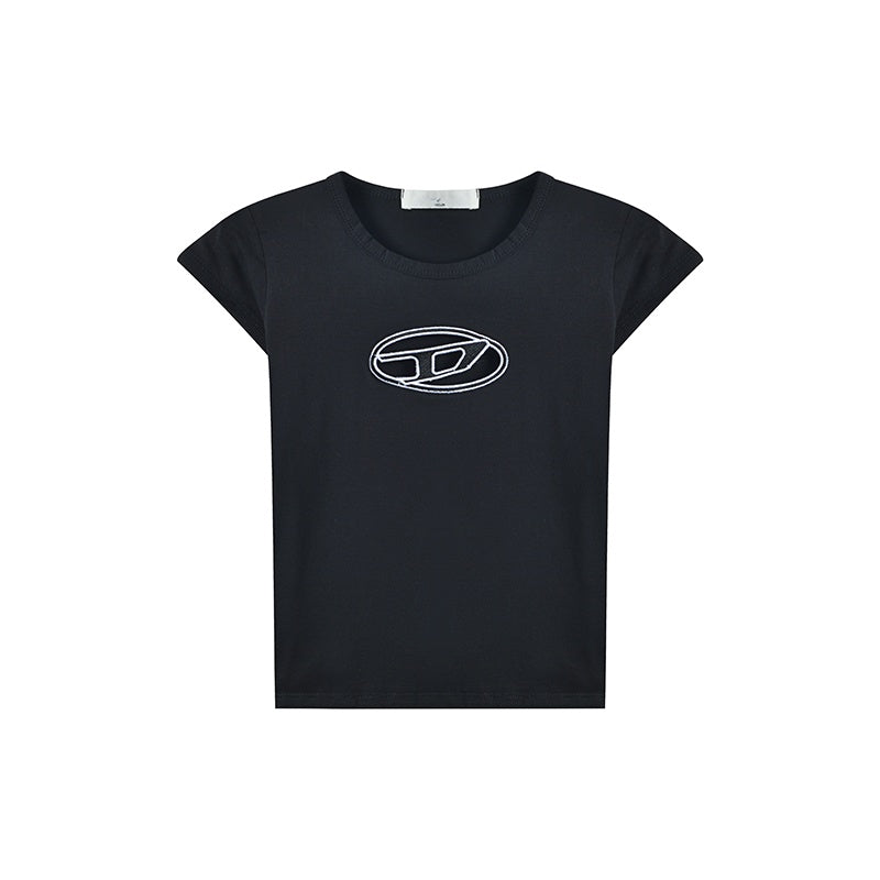Embroidered Cutout Sweet And Spicy Short Slim Black Top