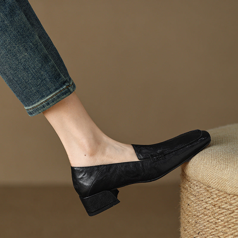Loafers Women's Shoes Chunky Heel Low Top Square Toe Pumps