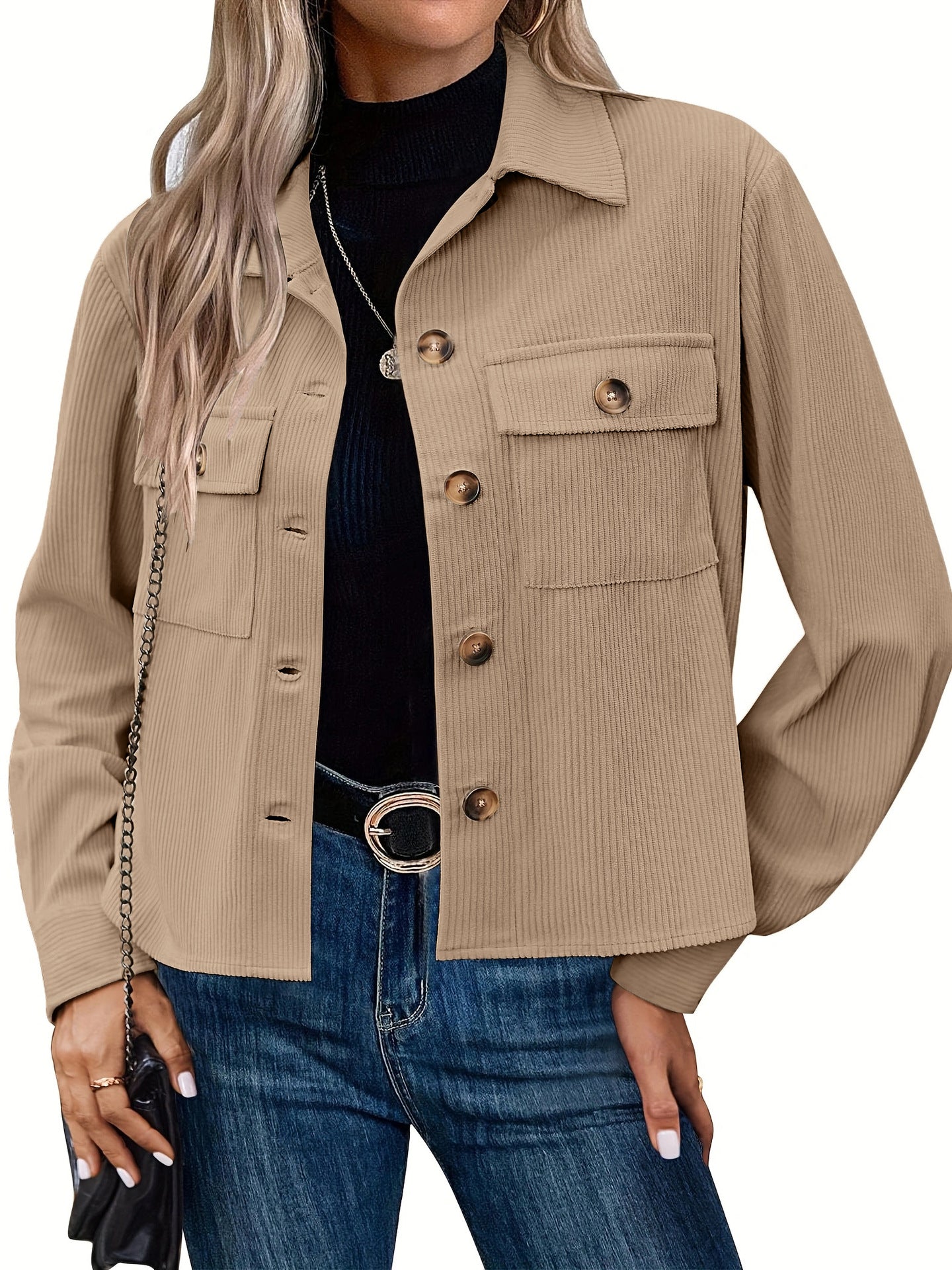 Corduroy Button Cropped Jacket For Women