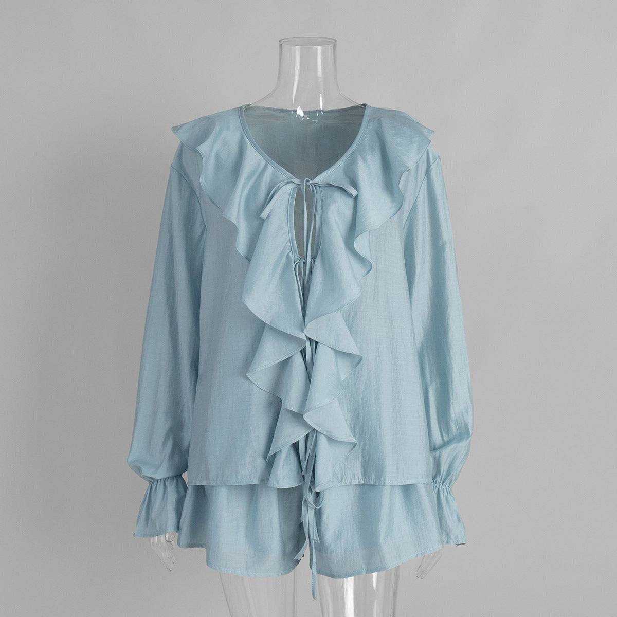 French-style V-neck Ruffled Shirt And Shorts Set
