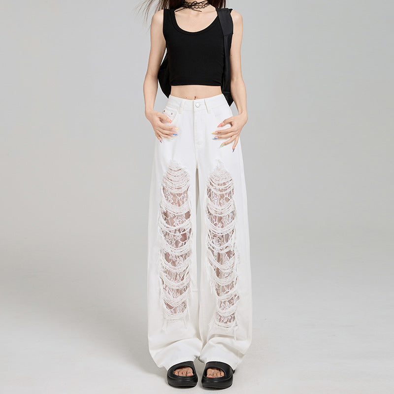Women's Off-White Ripped Lace High-Waist Loose Denim Jeans