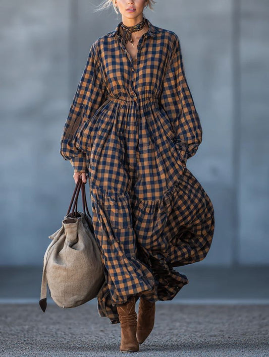 Loose-fitting Plus-size Womens Patchwork Cotton-linen Plaid Dress