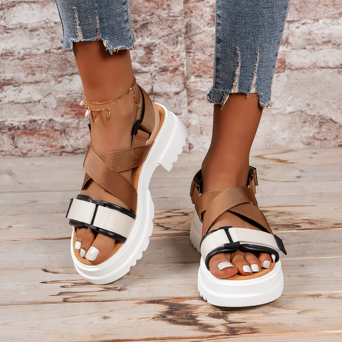Summer Women's Thick Sole Velcro Toe Casual Sandals