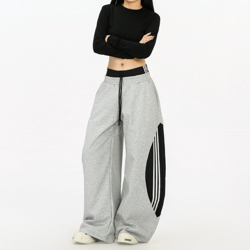 American-style Retro Faux Two-piece Striped Patchwork Jogger Pants