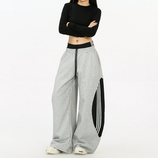 American-style Retro Faux Two-piece Striped Patchwork Jogger Pants