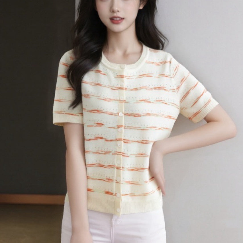 Womens French Chanel-style Striped Ice Silk Knit Top With Short Sleeves