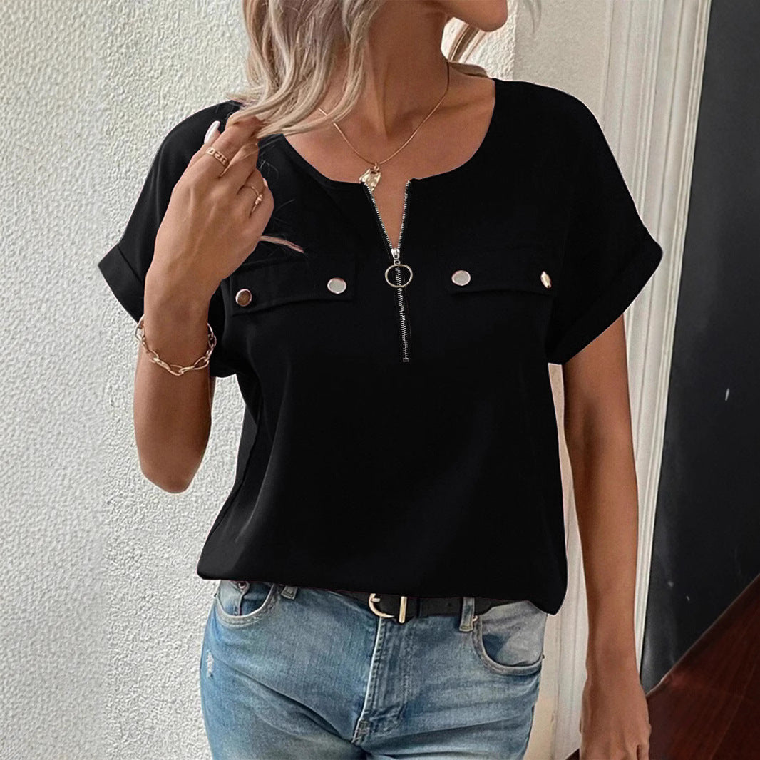Womens Zipper-Button Top Fashionable Casual T-Shirt For Women