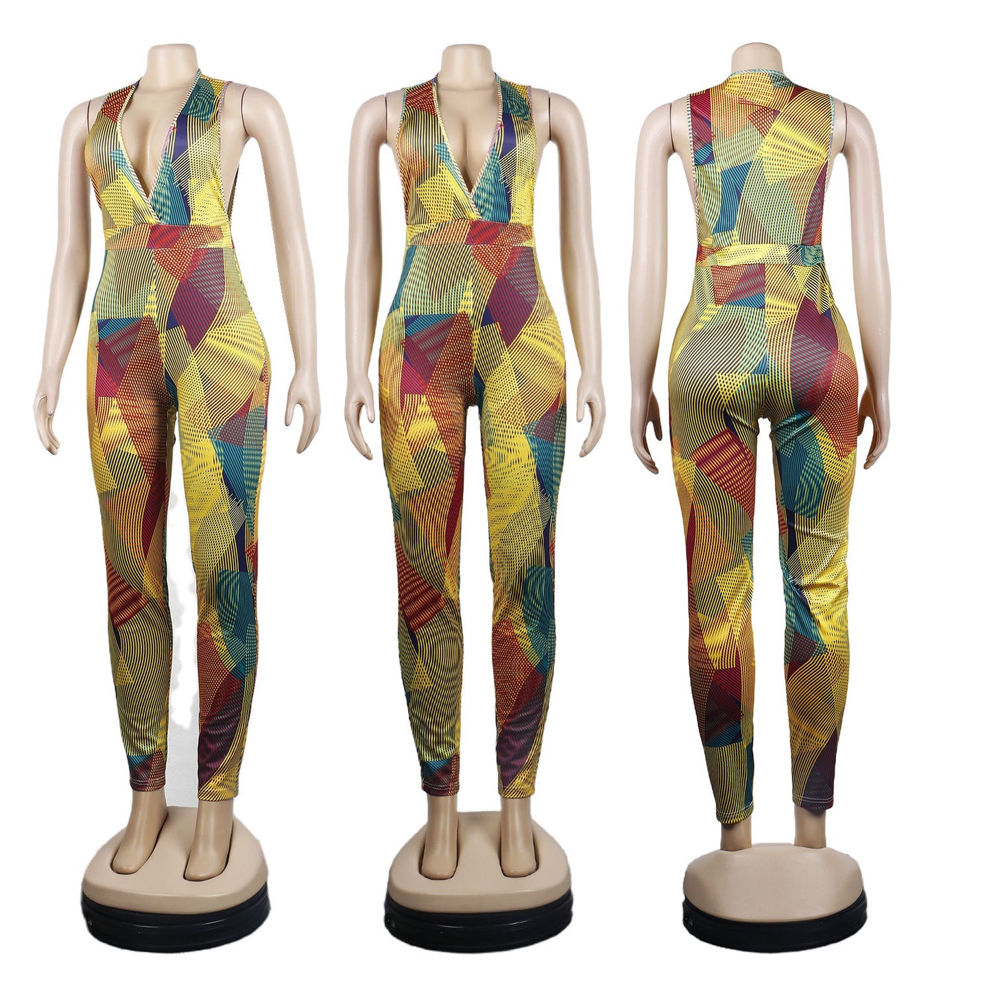 European And American Sexy Deep V Stripe Digital Printing One-piece Nightclub Uniforms