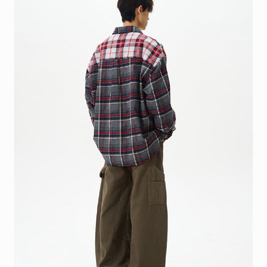 Retro Distressed Patchwork Checkered Long Sleeved Shirt For Men And Women