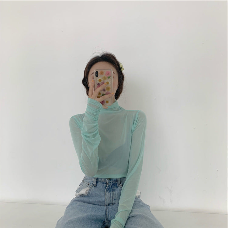 Mesh Bottoming Shirt Candy Color Cascading Collar Long Sleeve T-shirt