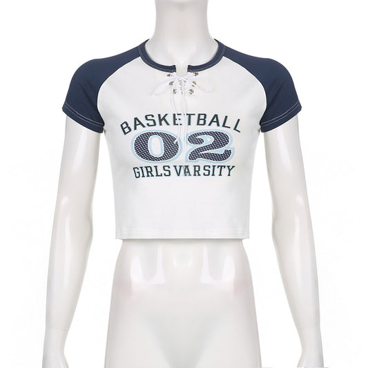 Contrasting Color Raglan Sleeve Splicing Show Thin Hot Girl Crop Top
