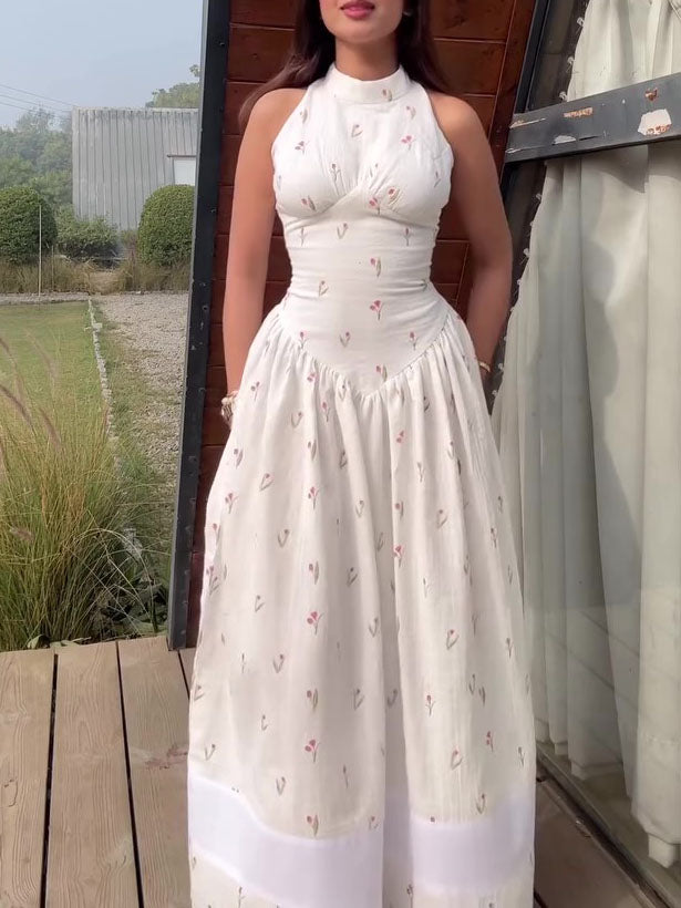 White Floral Print Turtleneck Sleeveless Waist-Cinched Maxi Dress