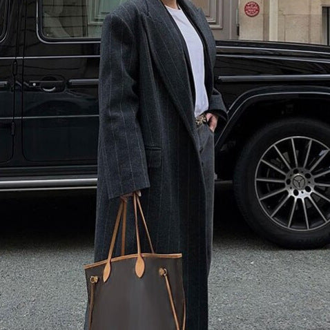 Lapel Long Sleeve Long Overcoat Outerwear Temperament Commute Stripes