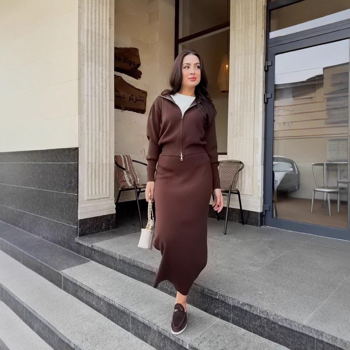 Elegant Long-sleeve Zip-front Waist-cinching Knit Sheath Dress For Women
