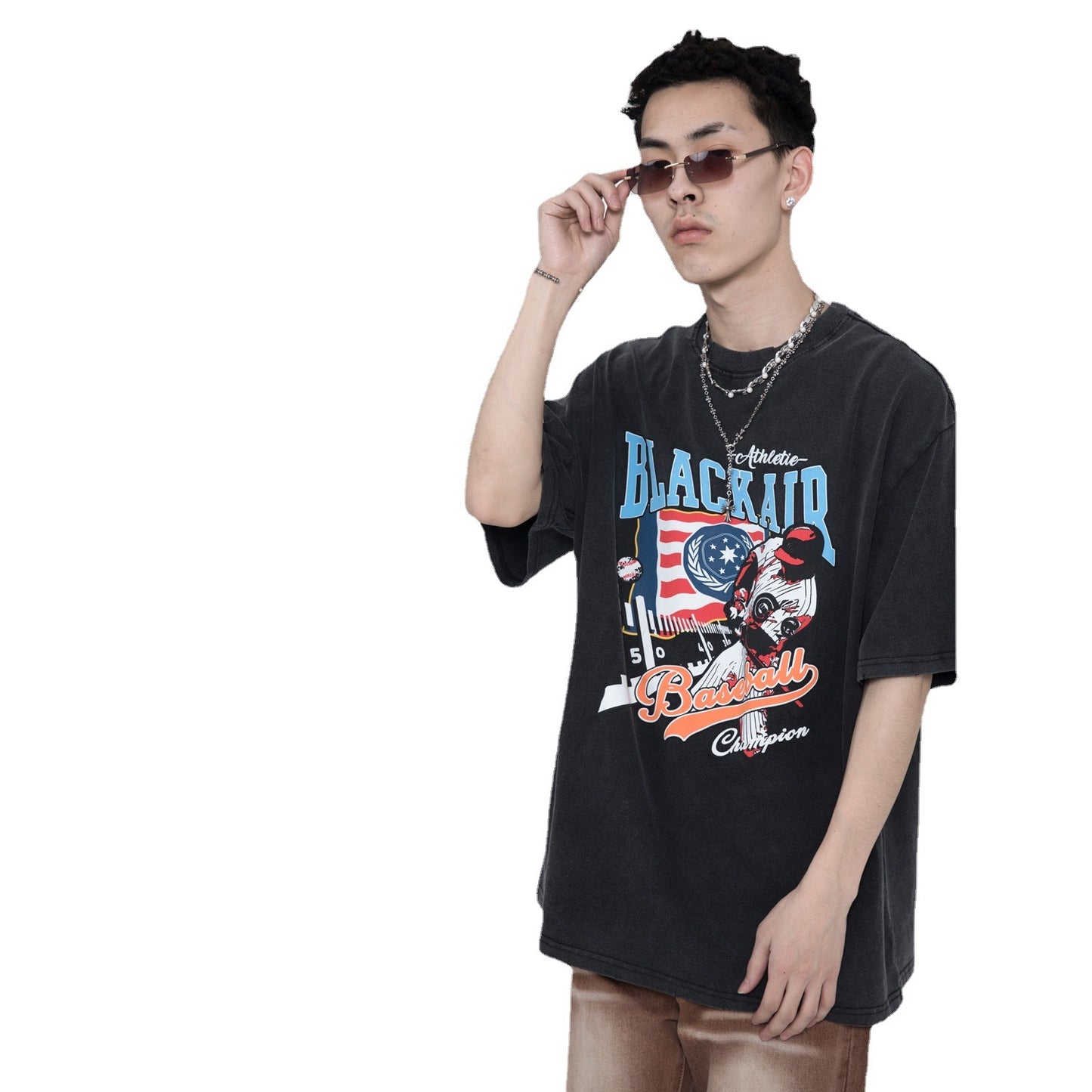 Washed Distressed Short Sleeve Baseball Vintage Print Loose T-Shirt