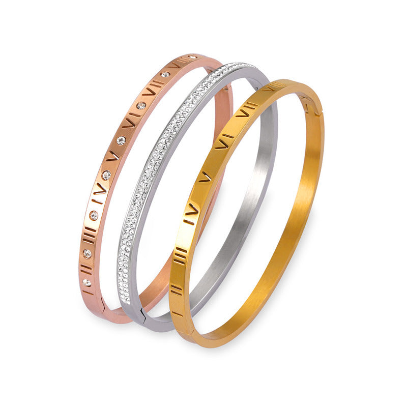 Retro Minority Unique Simple Jewelry Carved Roman Digital Design Diamond-embedded Titanium Steel Gold-plated Bracelet