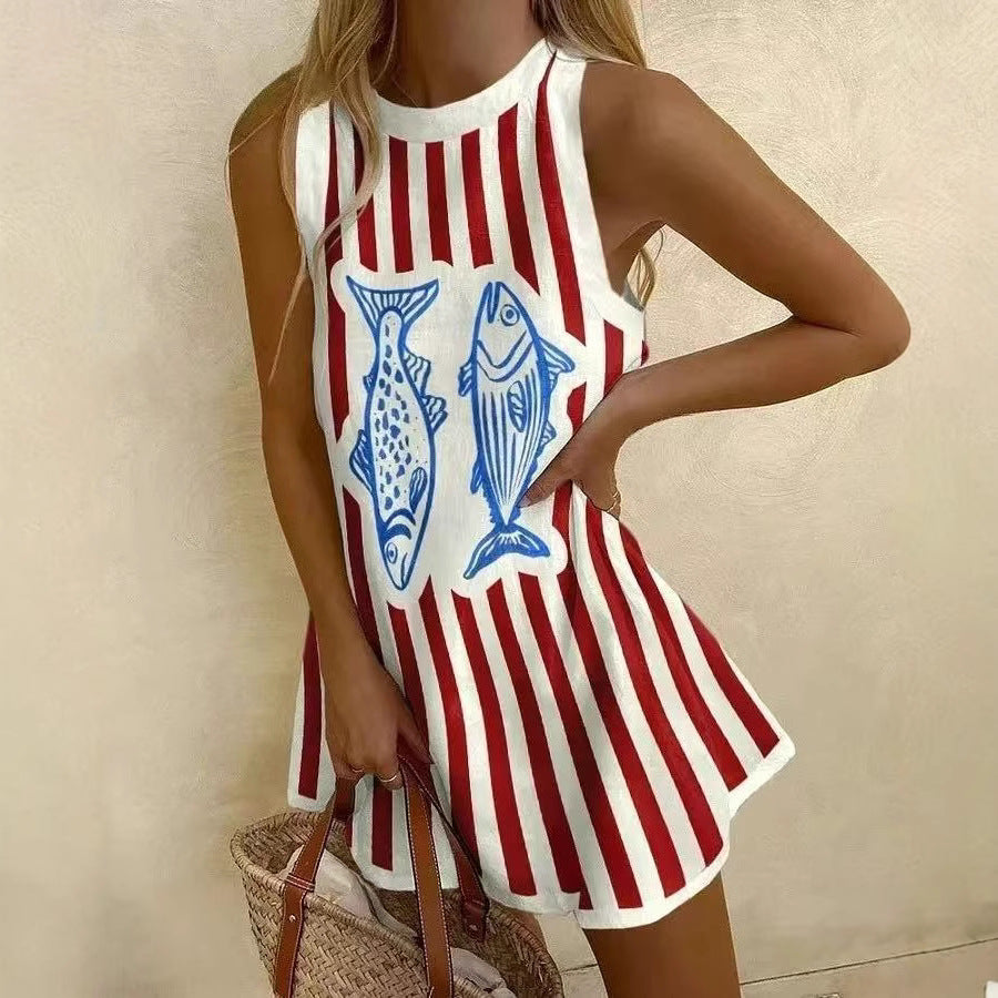 Women's Autumn Crew Neck Sleeveless Shirt Long Sweater Marine Elements Casual Shirt