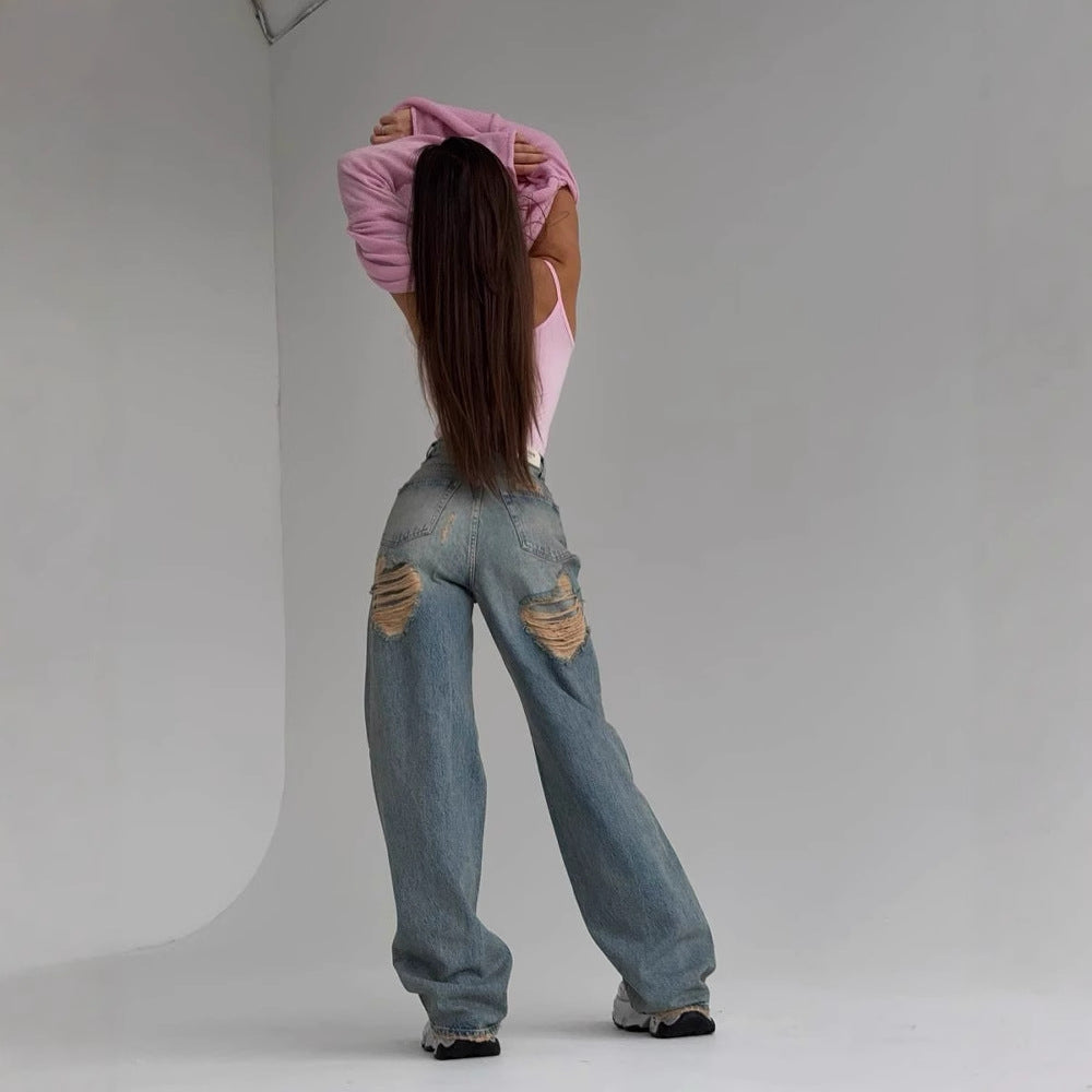 Retro Spicy High Waist Straight Mop Back Ripped Design Jeans