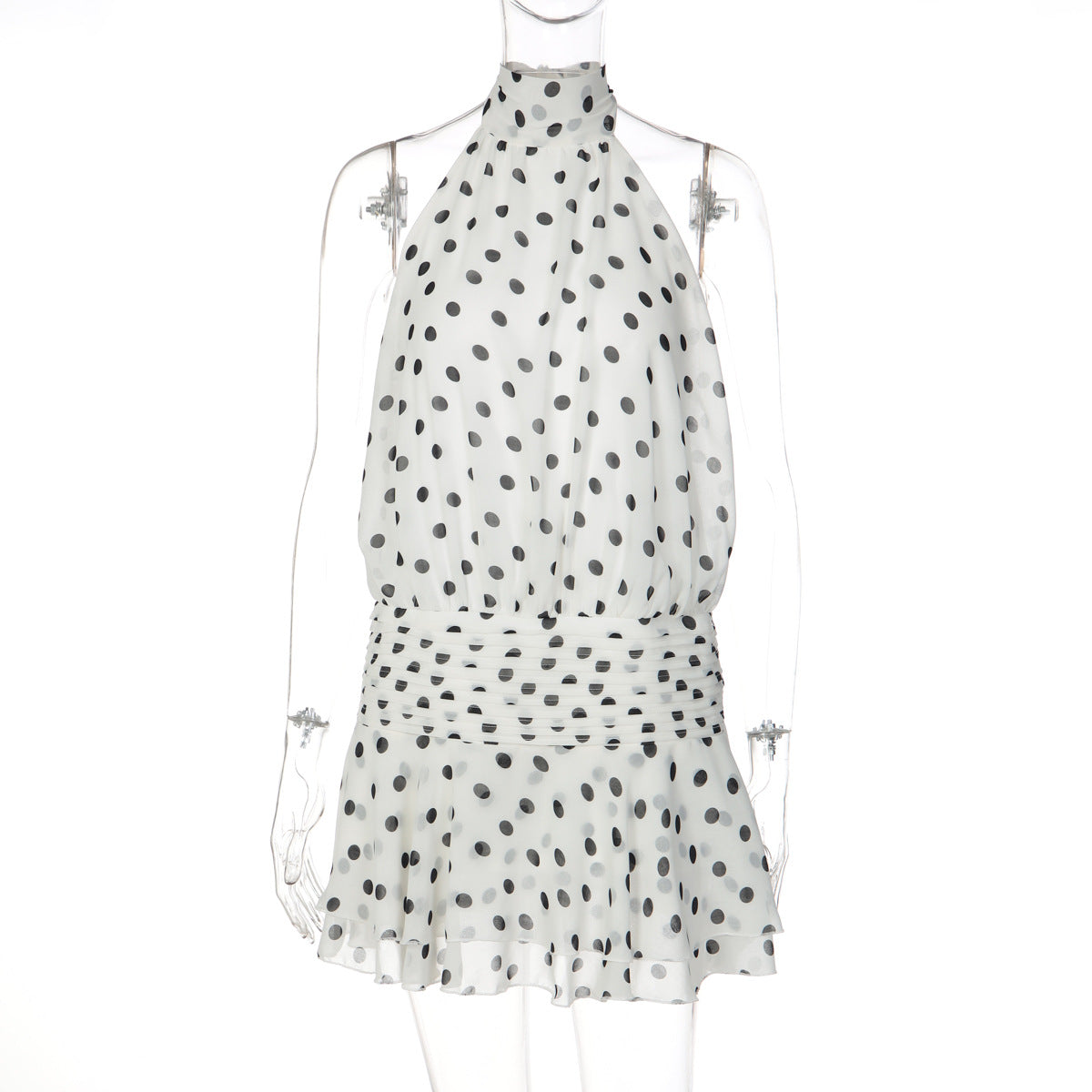 Neck-hanging Backless A-line Figure-flattering Polka-dot Printed Lace-up Dress