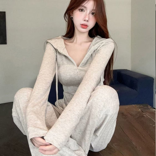Short Hooded Cardigan Hoodie Two Piece Set With Zippers