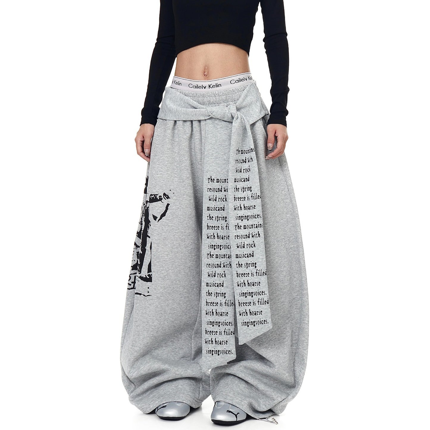 American Retro Alphabet Printed Lace Up Bandage Dress Machete Sweatpants