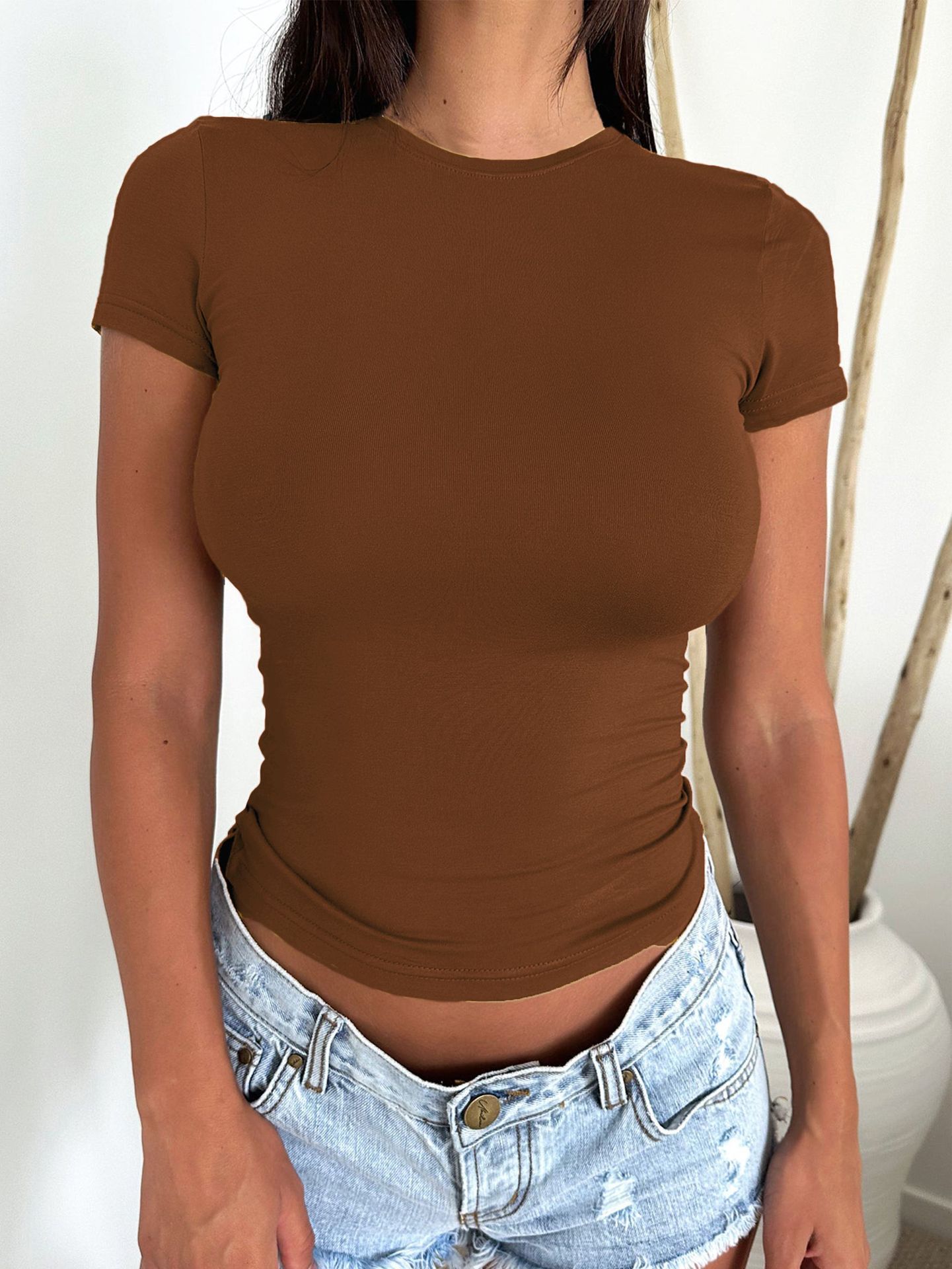 European And American Sexy Hot Girl Slim-fit Slimming Solid Color Short Sleeve